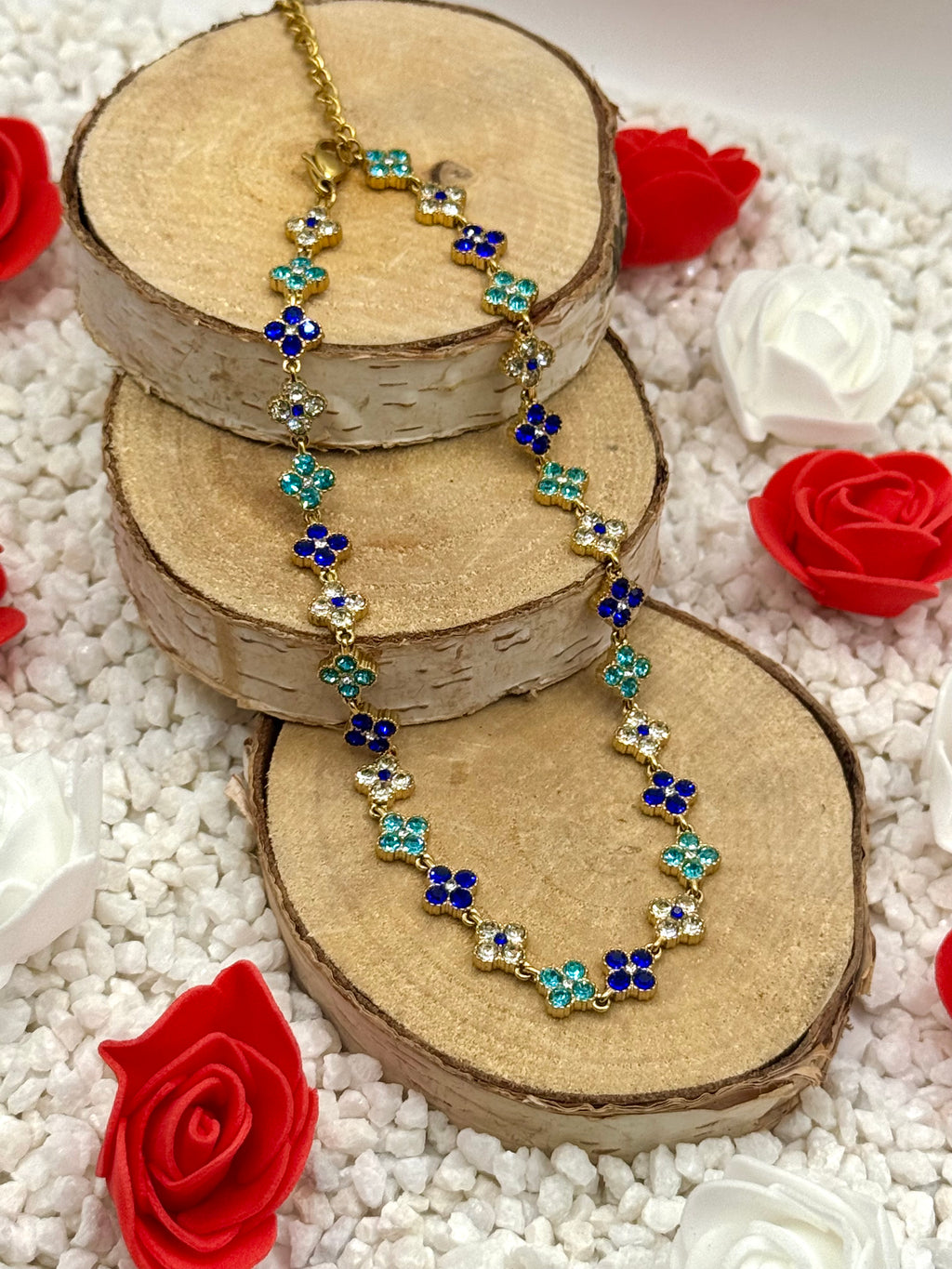AURORE collier doré bleu roi, bleu Secreet et blanc