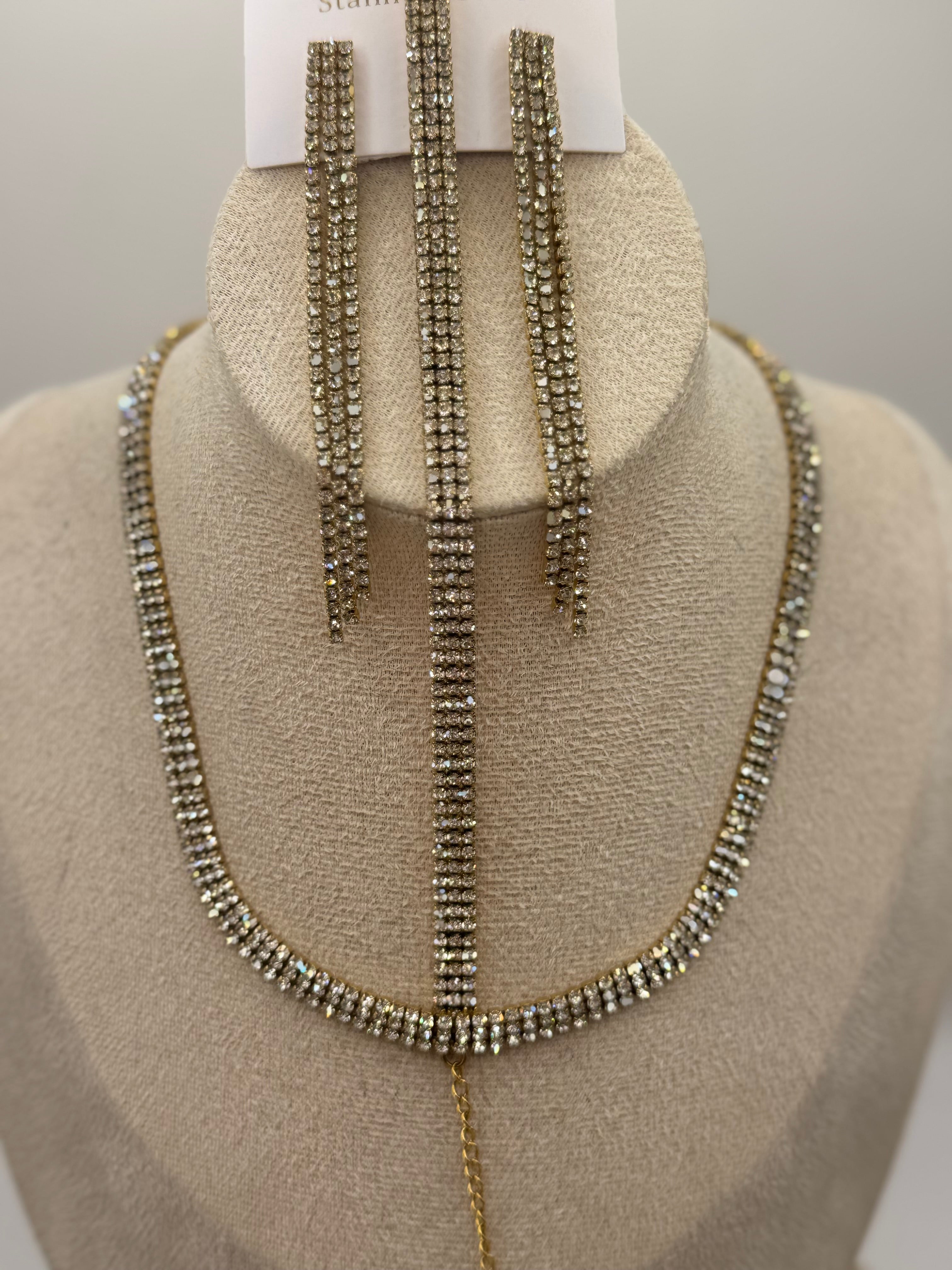 Collier + bracelet + boucles d’oreilles CRISTAL blanc doré