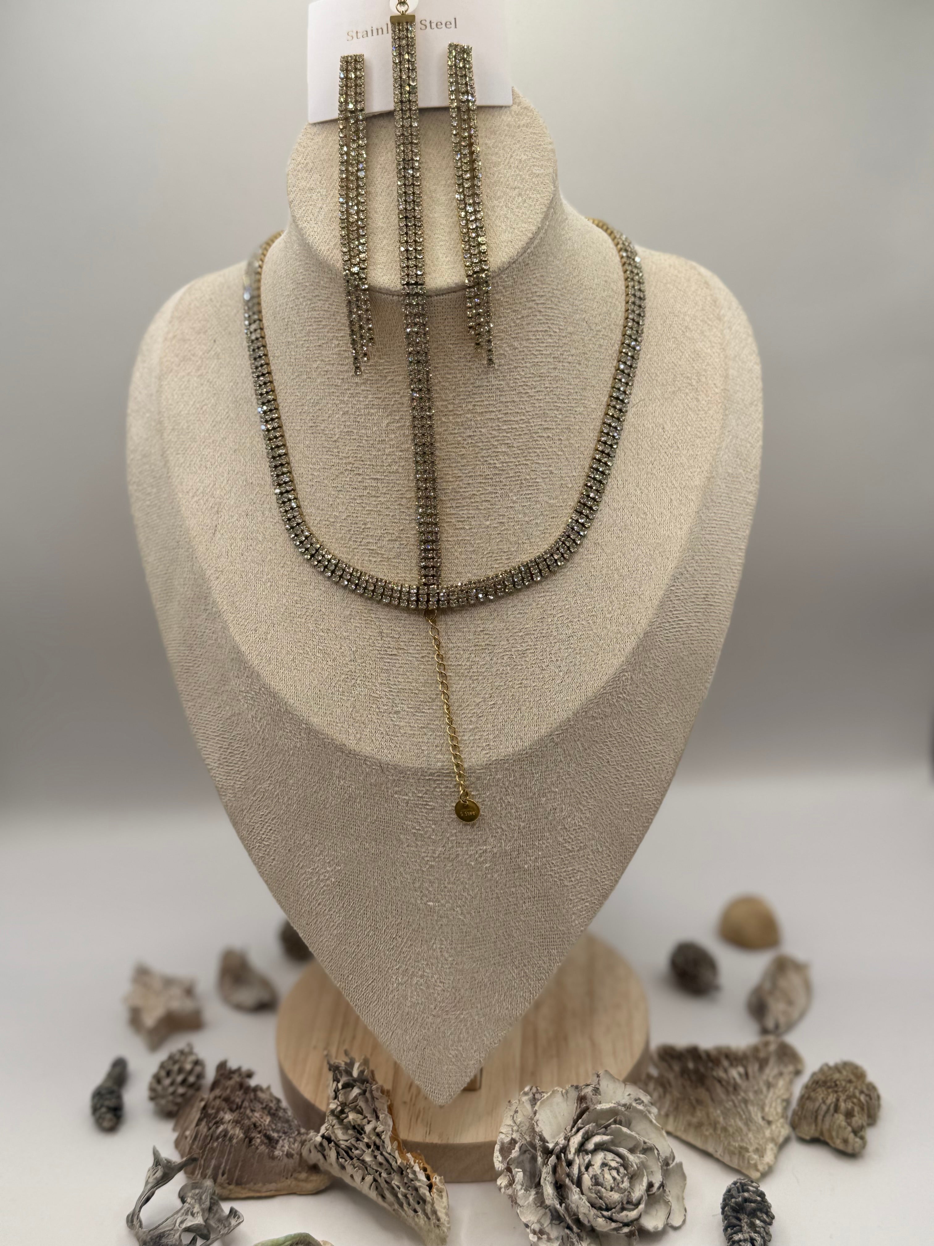 Collier + bracelet + boucles d’oreilles CRISTAL blanc doré